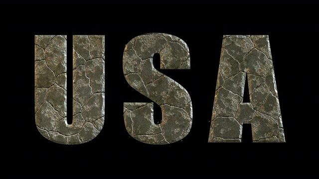 Gilded text USA erodes cracks and is covered with moss. Decay, decline, stagnation concept. ProRez with alpha, easy to place on any background.