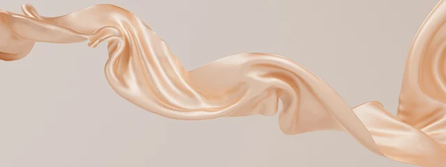 Foto op Plexiglas Golden satin cloth design element, isolated piece of blowing fabric wave, elegant textiles 3d rendering © Chili