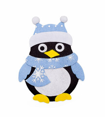 Christmas tree toy made of felt - a penguin in a hat, isolated on a white background.