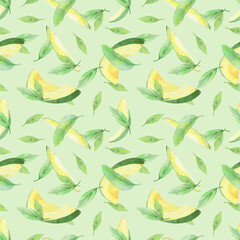 watercolor seamless pattern avocado with leaves on mint background