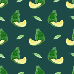 watercolor seamless pattern avocado on dark green background