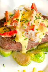 Sous Vide Filet Mignon Oscar with Hollandaise Sauce and Brussel Sprouts