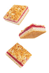 Sweet shortbread cookies with berry jam on a white isolated background