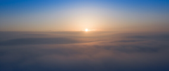 Dawn sky, sunbeams and dreams, morning panorama.