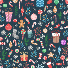 Vector seamless pattern with candies, gift boxes, branches, balls, snowflakes. Cute design for Christmas wrappings, textile, wallpaper and backgrounds. - 459987614