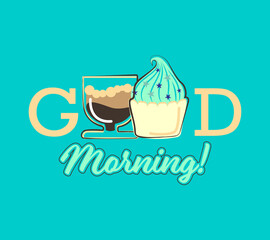 Banner good morning with a glass of coffee with foam and cupcake with blue creamwith sprinkles in the form of stars on a blue background