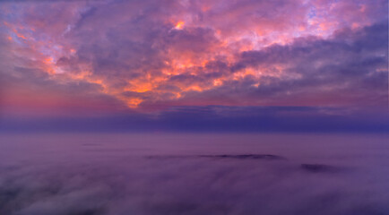 Dawn sky, sunbeams and dreams, morning panorama.