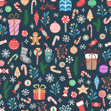 Vector seamless pattern with candies, gift boxes, branches, balls, snowflakes. Cute design for Christmas wrappings, textile, wallpaper and backgrounds.