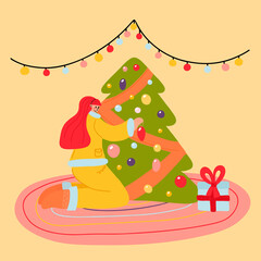 Christmas illustration, a girl decorates a Christmas tree with Christmas decorations and a garland in a flat style. Illustration for posters, postcards, banners, print on clothes.