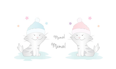 Funny cats with colorful winter hats isolated on white background vector illustration