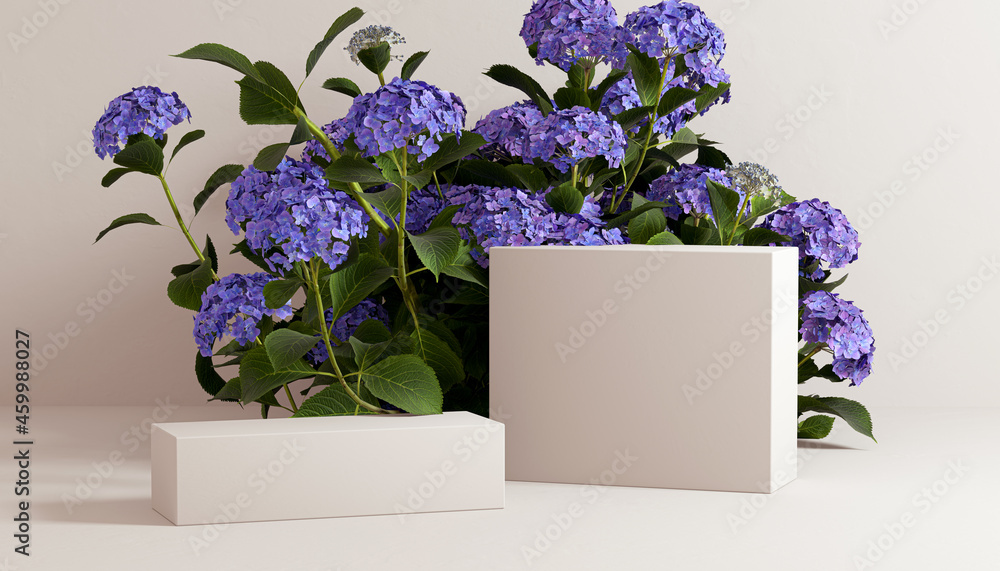 Poster blue flowers and leaves with geometric props minimal organic cosmetic product presentation. 3d rende