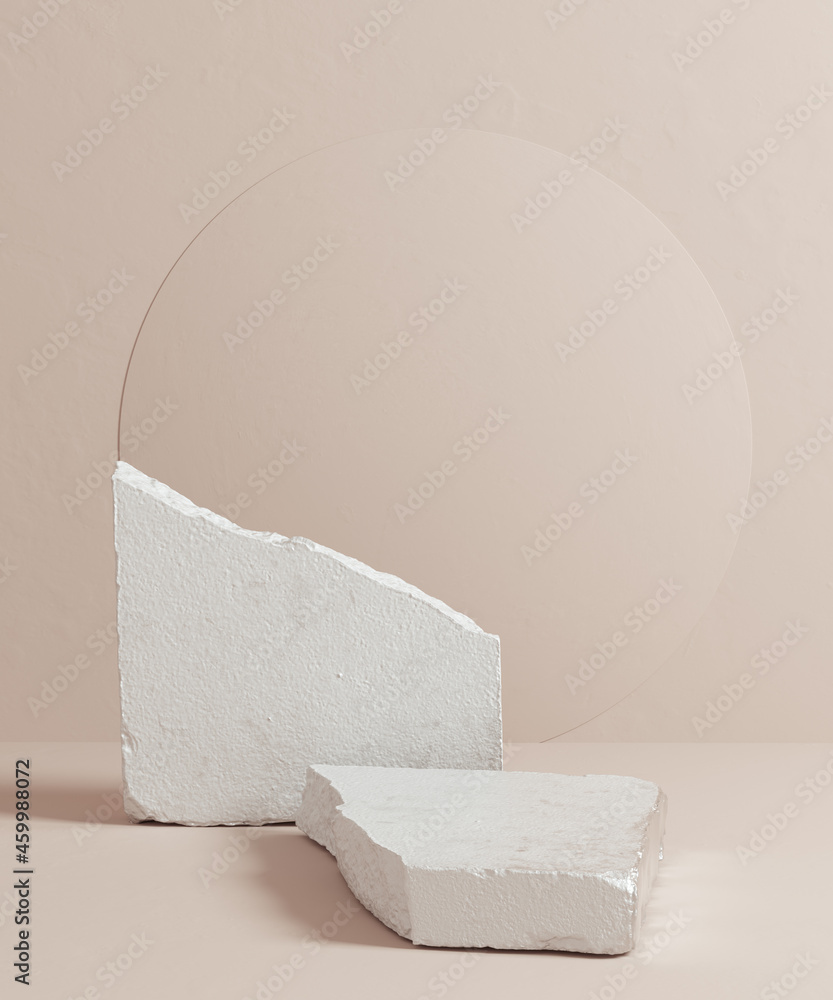 Poster white stones object placement podium, 3d rendering abstract minimal beige color scene for product di