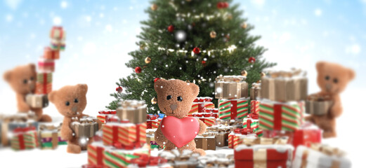 Christmas background with happy teddy bears and Christmas gifts in front of a tree on snow 3d-illustration