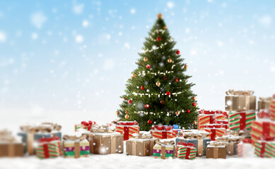 Christmas background with Christmas gifts in front of a tree on snow 3d-illustration