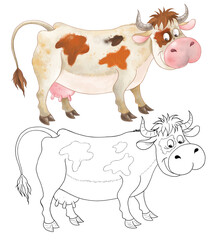 Cute farm animals. A funny cow. Coloring page. Coloring book. Cute and funny cartoon characters isolated on white background