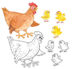 Cute farm animals. Coloring page. Coloring book. Cute and funny cartoon characters isolated on white background