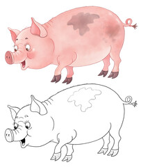 Cute farm animals. Coloring page. Coloring book. Cute and funny cartoon characters isolated on white background