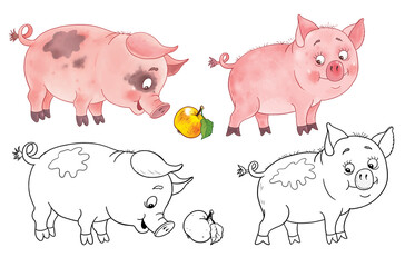 Cute farm animals. Coloring page. Coloring book. Cute and funny cartoon characters isolated on white background