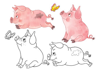 Cute farm animals. Coloring page. Coloring book. Cute and funny cartoon characters isolated on white background