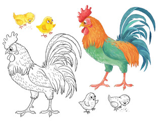 Cute farm animals. Coloring page. Coloring book. Cute and funny cartoon characters isolated on white background