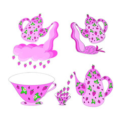 Set of pink teapots and cups with strawberries and strawberry flowers strawberry rain