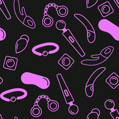 Seamless black and pink sex toys outline pattern vector - 459990886
