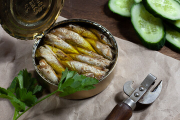 sandwich with sprats, cucumbers and sauce