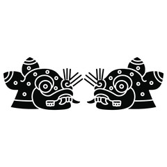 Symmetrical design with two stylized jaguar heads. Native American art of Aztec Indians from Mexican codex. Black and white negative silhouette. © Olena