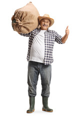 Full length portrait of a mature farmer carrying a big burlap sack on his shoulder and gesturing...
