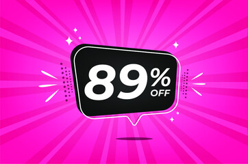 89 percent discount. Pink banner with floating balloon for promotions and offers.