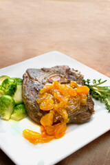 Sous Vide Leg of Lamb Steak with Apricot Shallot Compote and Brussel Sprouts