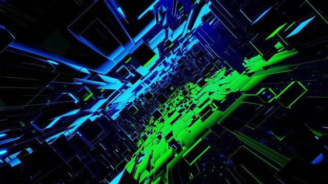 Futurictic technology concept. Dark sci fi looped background. Flight through hi tech digital space or in glass metal tunnel with neon light, blocks. Hi-tech information flow in blockchain or bigdata.