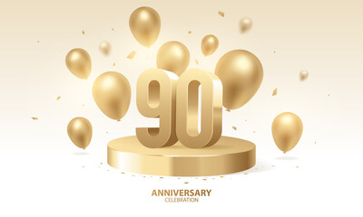 90th Anniversary celebration background. 3D Golden numbers on round podium with confetti and balloons.