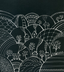 Fairytale night landscape with houses on hills. Hand drawn image by silver gel pen on black paper.