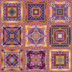 Tapestry design. Beautiful seamless patchwork pattern from square elements and borders. Ethnic motifs.