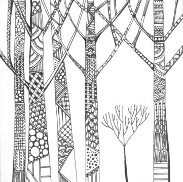 Forest with bare trees in winter. Hand drawn image with ornamental tree trunks. Black and white illustration.