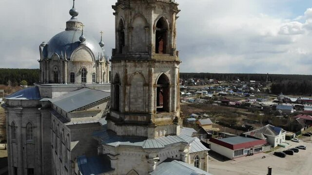 pseudo-gothic temple of the life-giving trinity in the village of Gus Zhelezny, Kasimovsky district, Ryazan region, Russia. filmed from drone