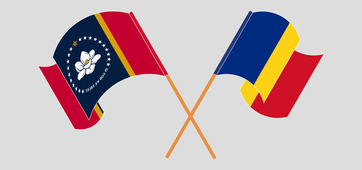 Crossed and waving flags of The State of Mississippi and Romania