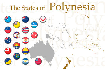 A set of Polynesian flags on a white background. Vector image of the flags of the states and dependent territories of Polynesia. For a website, brochures, banners, booklets, leaflets, travel guides.