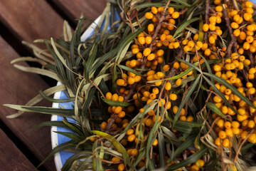 Branches with sea buckthorn berries lie in a white and blue plate, a wooden background. Healthy autumn berries