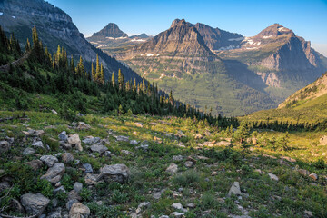 Scenic Highline Trail Views of Glacier Valley by the Going-to-the-Sun Road, Glacier National Park, Montana - obrazy, fototapety, plakaty