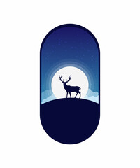 Fototapeta premium Male deer standing on a hill with full moon behind vector illustration