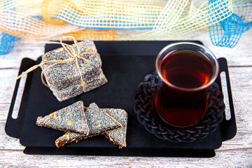 Cezerye dessert with pistachio. Cezerye is a traditional Turkish dessert made from caramelised...