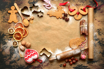 Christmas baking background. Top view with copy space.