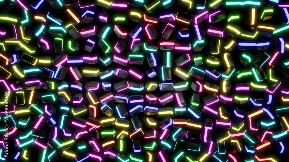 Poster 4k looped geometric background with neon light, black blocks like light bulbs with multicolor light.