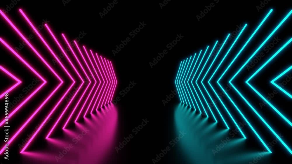 Poster cyan and magenta neon arrows corridor in dark background loop animation