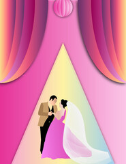  Wedding invitation card with Bride and groom on pink rose background