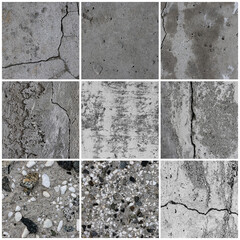 Texture set of old cracked concrete walls. Rough gray concrete surfaces with stones. Backgrounds collection for design.