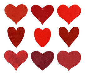 Set of nine hearts with textures. The collection includes: red paper and canvas. Perfect for design.