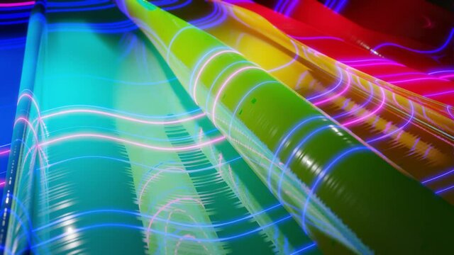 Abstract 3D surface with beautiful waves, luminous sparkles and bright color gradient, colors of rainbow. Waves run on very shiny, glossy surface with glow glitter and glow lines. 4k looped animation